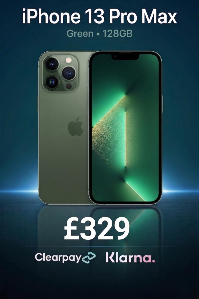 Excellent condition iPhone 13 Pro Max 128GB Green available at Phone Repairs Surrey excellent (New) battery unlocked